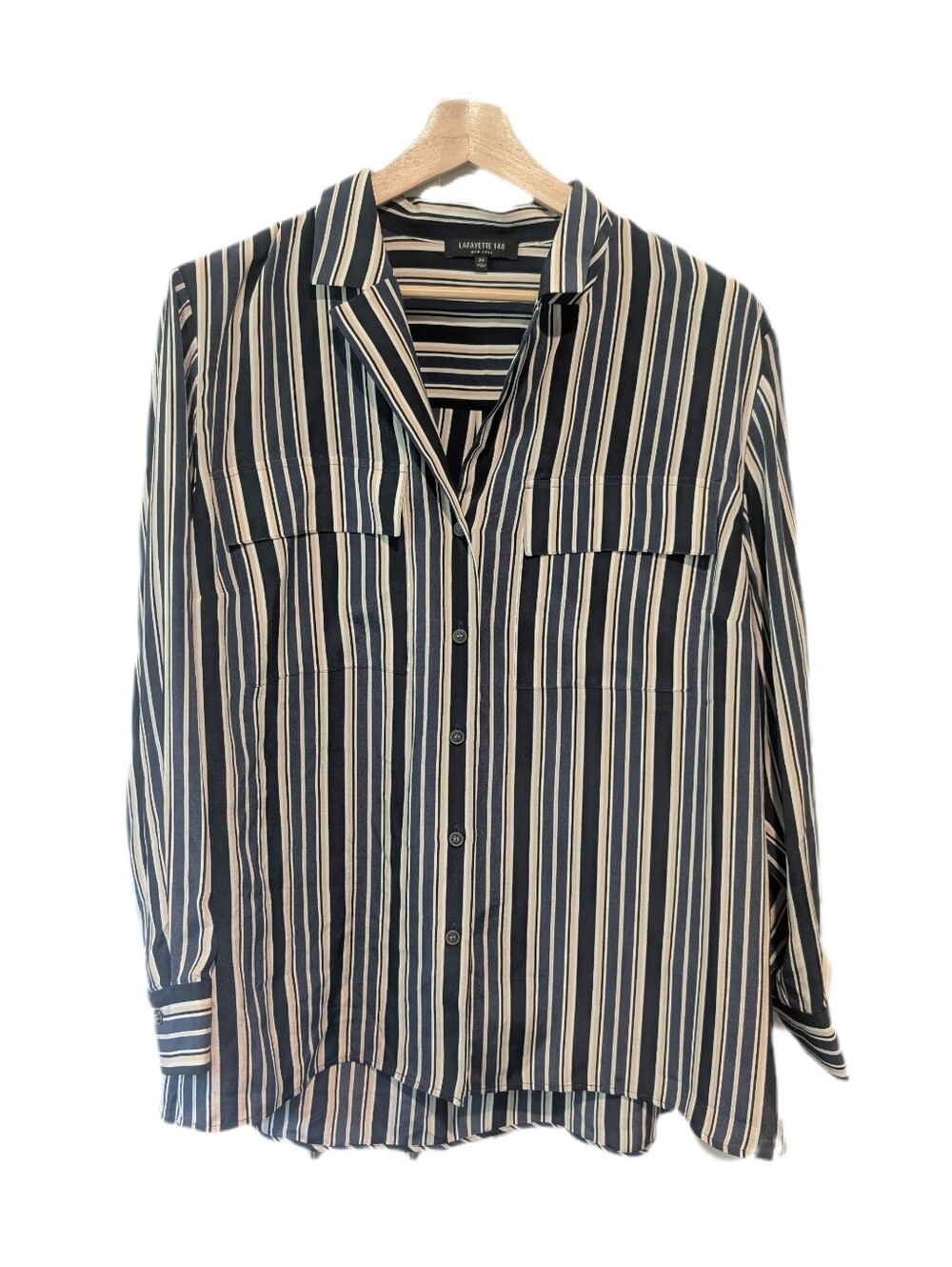 Lafayette 148 New York Striped Long-sleeved Silk Button down Shirt Blouse -2XL-